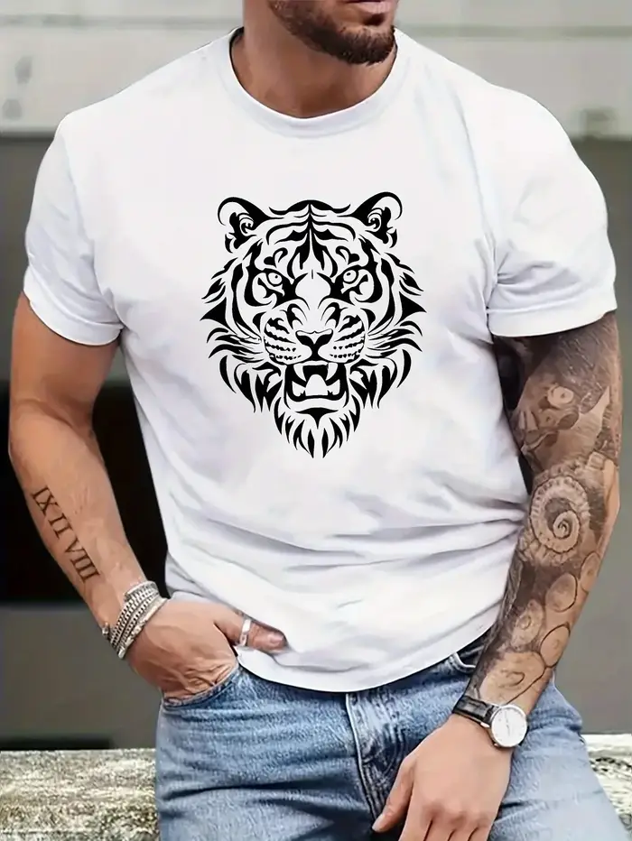 T-shirt d'été pour hommes, imprimé tigre, 100% coton, adapté à un usage quotidien décontracté, à la 