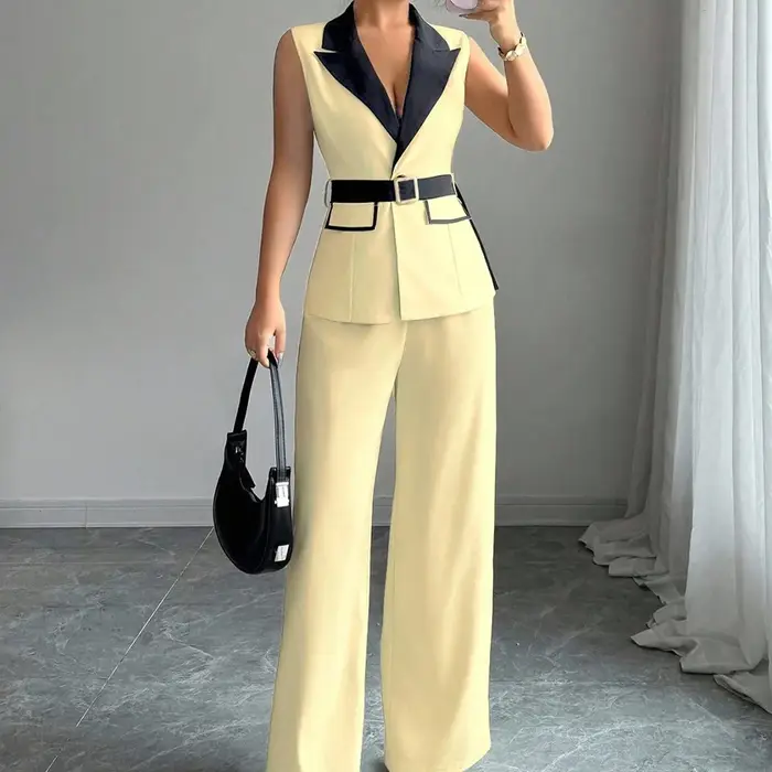 Ensemble pantalon large et gilet blazer élégant sans manches pour femme avec ceinture