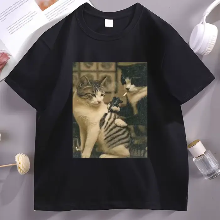 Tatouage chat Meme t-shirt décontracté coton à manches courtes t-shirts graphiques Streetwear haute 