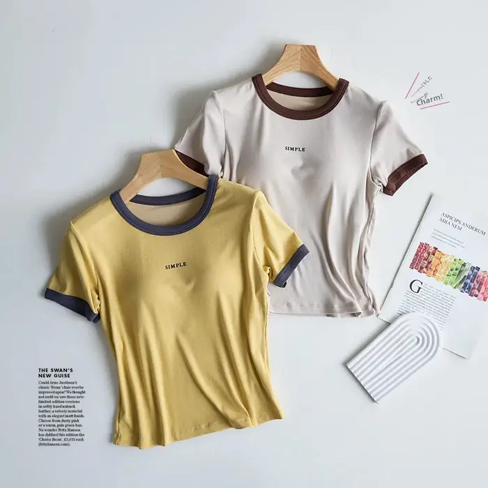 No-Pad intégré décontracté à manches courtes col rond T-Shirt femmes été sans soutien-gorge porter des vêtements