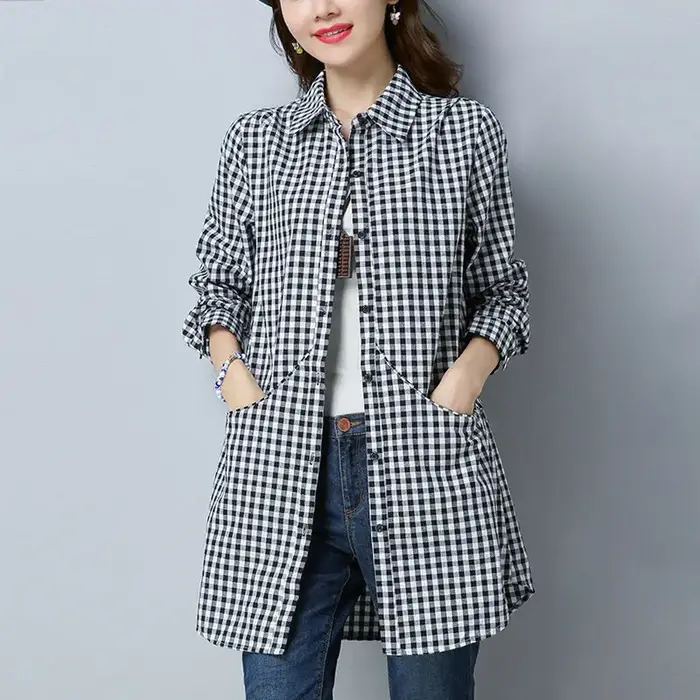 Chemise à carreaux décontractée à manches longues pour femmes, mode coréenne, col polo, chemisier vi