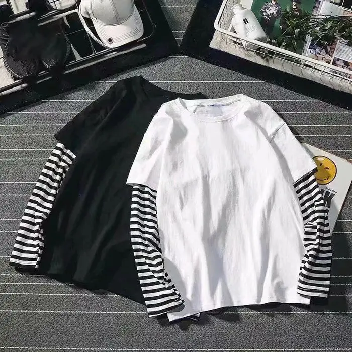 Nouveau Harajuku noir blanc rayé Y2K à manches longues couleur unie T-shirts hommes femmes automne f
