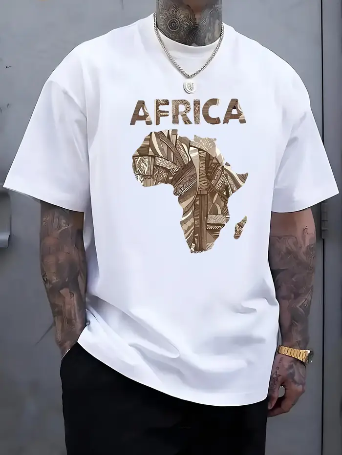 T-shirt décontracté pour homme en coton 100% avec motif inspiré de la carte d'Afrique, respirant et 