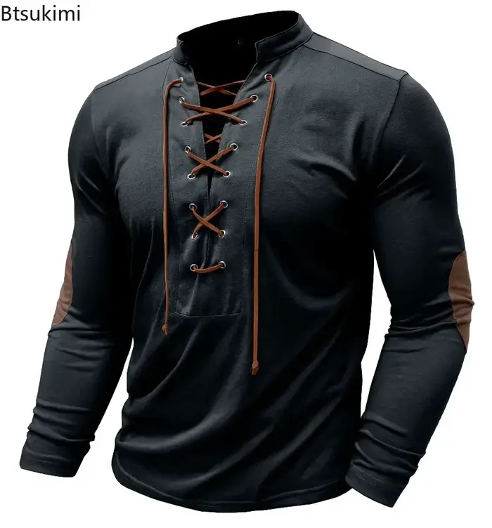 Nouveaux T-shirts Homme à Lacets Coupe Slim Col V Manches Longues Hauts de Sport Décontractés Uni Style Henley Mode Rétro Basiques
