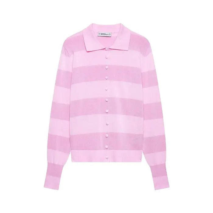 Polo d'été pour femme avec col en tricot rayé rose