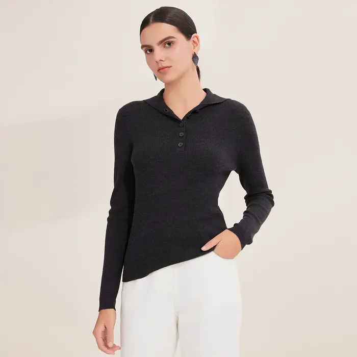 100% laine mérinos pull polo en tricot côtelé pour femme