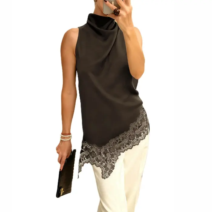 Xingqing y2k débardeurs femmes élégantes vêtements couleur unie col haut sans manches asymétrique dentelle ourlet t-shirts mode Clubwear