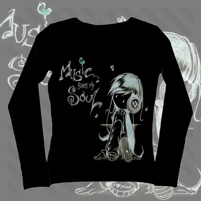 Kawaii Hauts à manches longues Emo Girl Impression T-shirts à manches longues Y2k Style Trashy Slim 