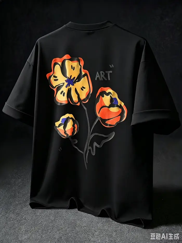 T-shirt imprimé avec des motifs floraux abstraits |   Abricot, Gris, Blanc, Noir |   Style artistiqu