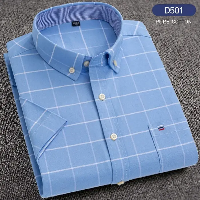 Chemises décontractées d'été pour hommes Oxford manches courtes col carré solide Plaid rayé poche un