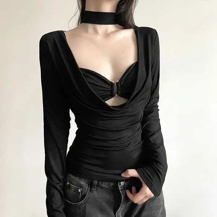 Y-Ulzzang-T-shirt à manches longues pour femmes, coupe basse, design sexy, unique, monochromatique, 