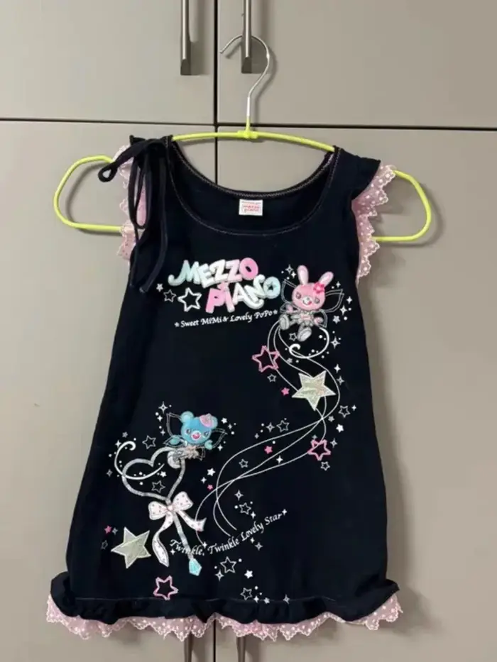Kawaii Harajuku épissé dentelle col rond sans manches Camisole ample Y2k esthétique mignon dessin animé impression t-shirts japonais décontracté hauts