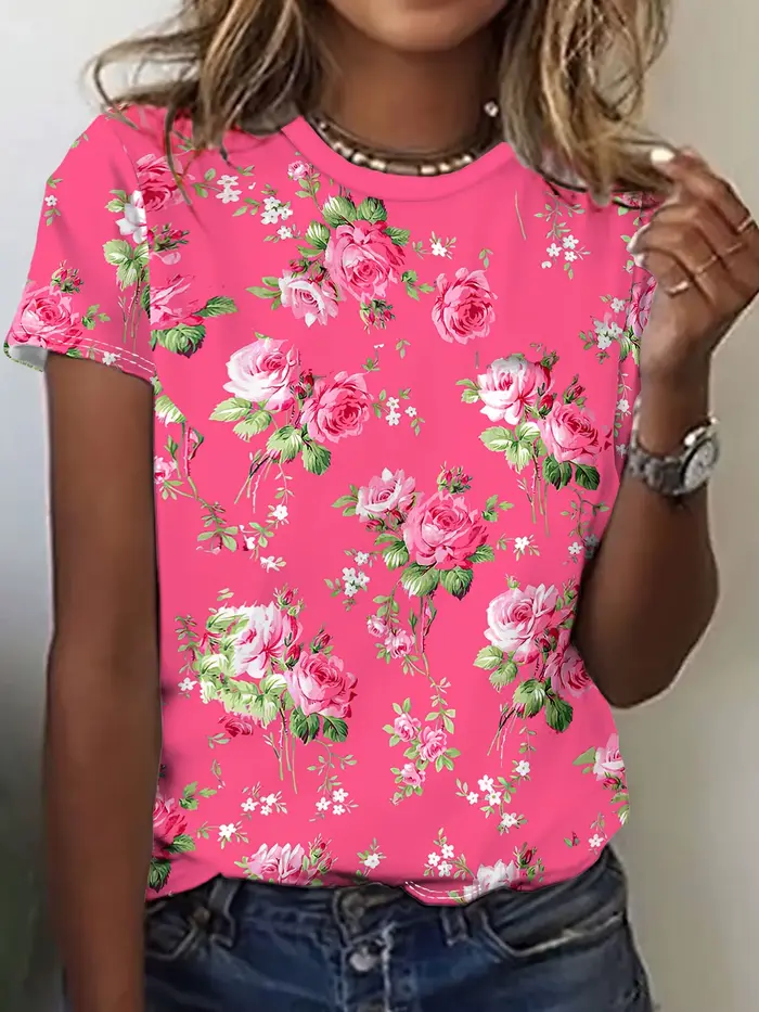 Tee-shirt pour femme – Graphique à motif floral rose, design de jardin romantique classique pour un 