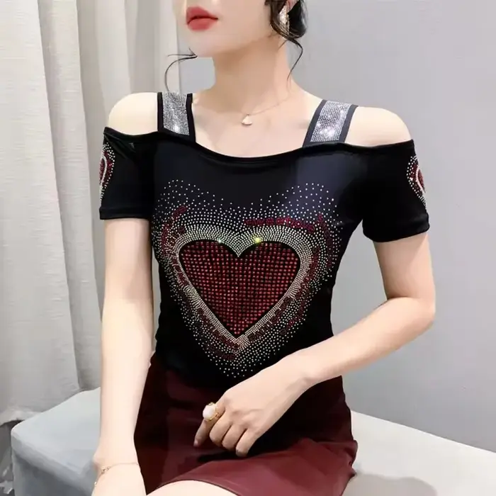 Nouveau Design européen de fleur de Rose vêtements pour femmes T-Shirt Chic épaules nues diamants ch