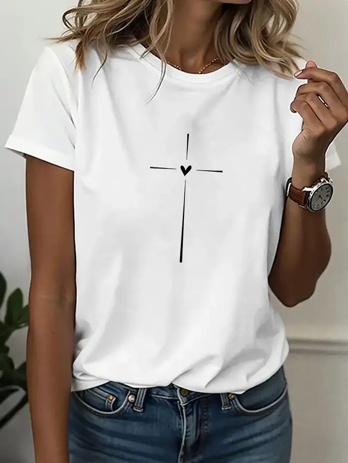 T-shirt de sport décontracté pour femmes, col rond, T-shirt simple et artistique avec motif croix et
