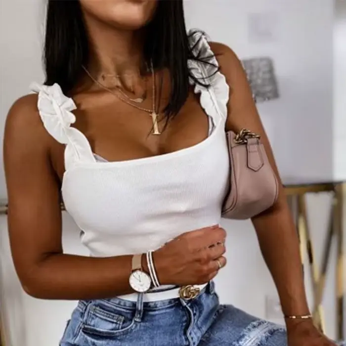 Précieux Y-Femmes Col Carré Monochromatique Tricot Décontracté Basique Ddeau Lit Slim Volants