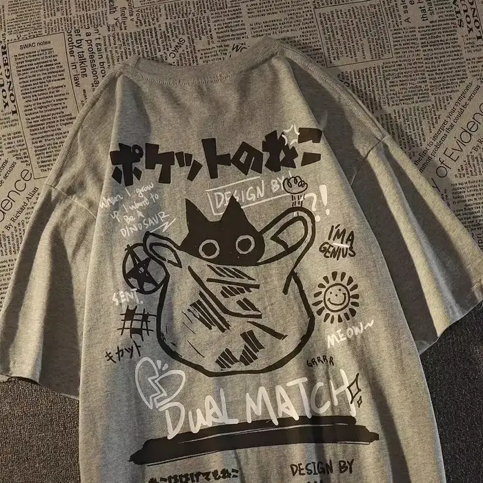 Été japonais rétro poche chat dessin animé imprimé à manches courtes T-shirt hommes femmes Couples unisexe collège Style