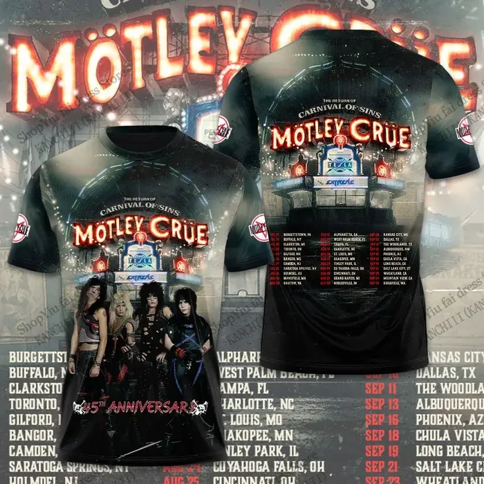 Nouveau T-shirt d'été imprimé 3D Motley Crue Tour Hip Hop Heavy Metal Rock Band pour Hommes
