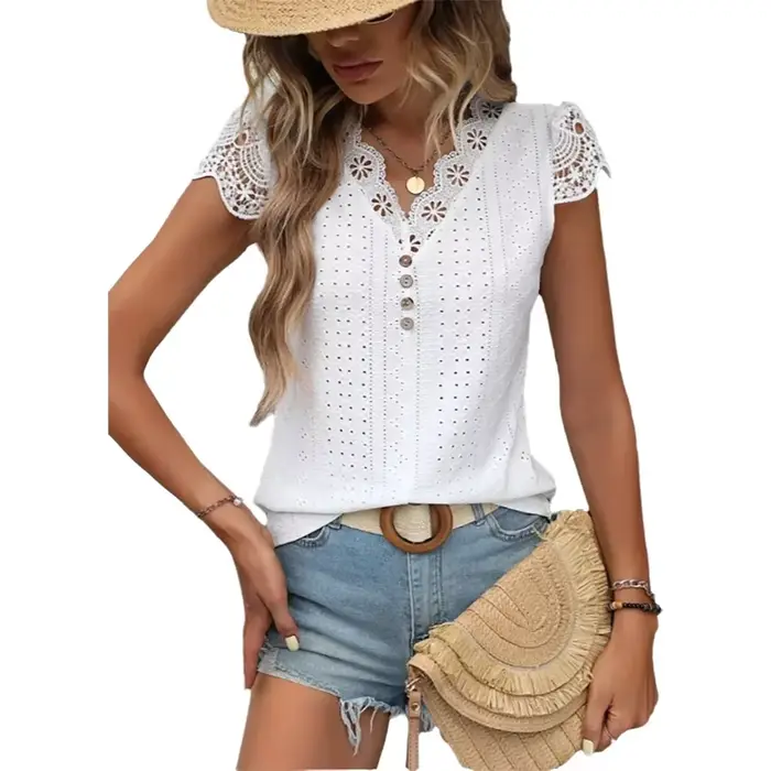 T-shirt Femme Printemps-Été Blanc Col V Dentelle Manches Courtes Boutons Devant Œillets Respirant Fr