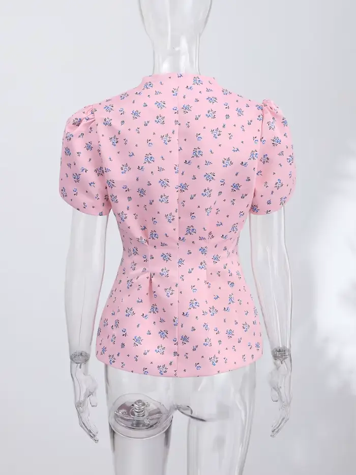 T-shirt Chic Femme Imprimé Manches Courtes Col V Boutonné Tunique Slim Top Féminin Été Streetwear 2026 Bureau