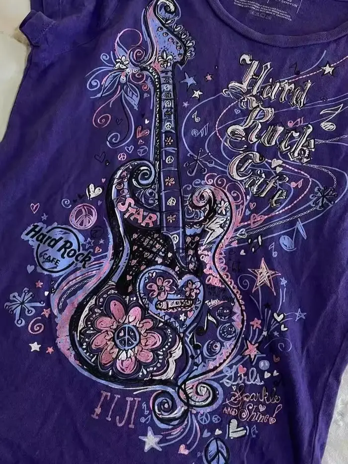 Femmes sous-culture Vintage violet imprimé T-Shirt été Y2k américain rétro mince t-shirts décontracté Harajuku Grunge hauts à la mode nouveau
