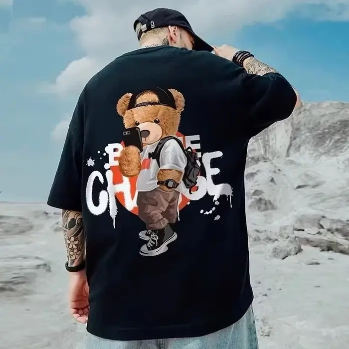 8XL hommes T-shirt style décontracté adolescent étudiant T-shirt américain Vintage mignon Selfie ours en peluche imprimé T-shirt ample grande taille grand haut