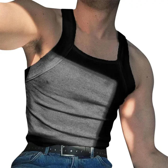 Top d'été à col carré en fibre pour hommes, haut précieux, nouvelle mode, épissé, solide, document, 
