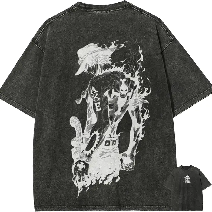 T-shirt Ace pour homme, One Piece, effet délavé, motif poing de feu, coton vintage, streetwear, logo