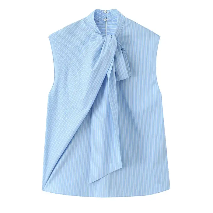 Chemisier Femme Printemps 2026 Nouveau Style Bleu Clair Rayé Sans Manches avec Nœud Décoratif Décont