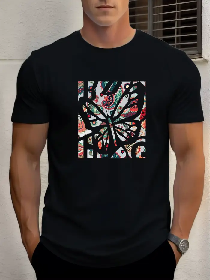 T-shirt pour hommes papillon 100 % coton impression graphique été t-shirt col rond décontracté respi