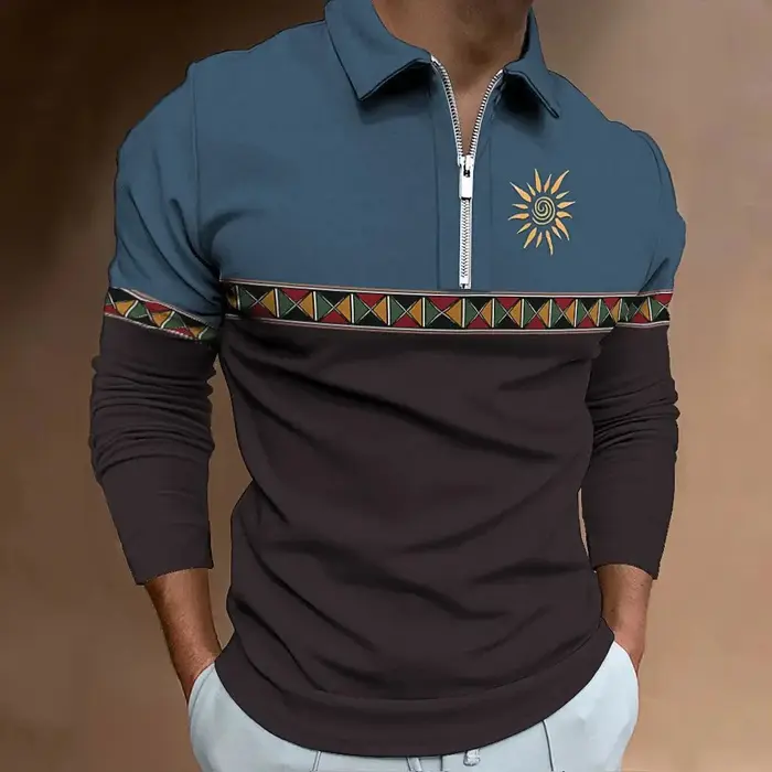 Polo rétro imprimé bloquant les documents pour hommes, vêtements de golf à revers, t-shirt décontracté, fermeture éclair, manches longues, vêtements de sport, mode