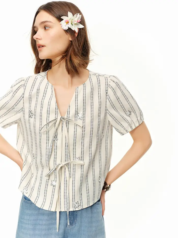 DUSHU 2026 Nouvelle Blouse d'été rayée à col en V et manches courtes pour femme