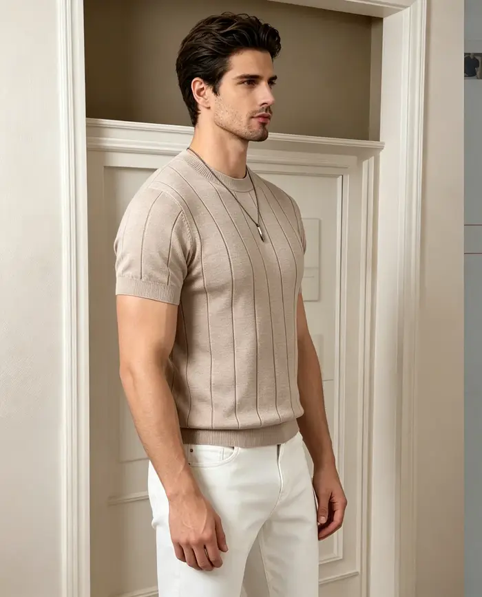 Polo à manches courtes en tricot côtelé pour homme | T-shirt à col rond uni coupe ajustée | Haut décontracté d'été