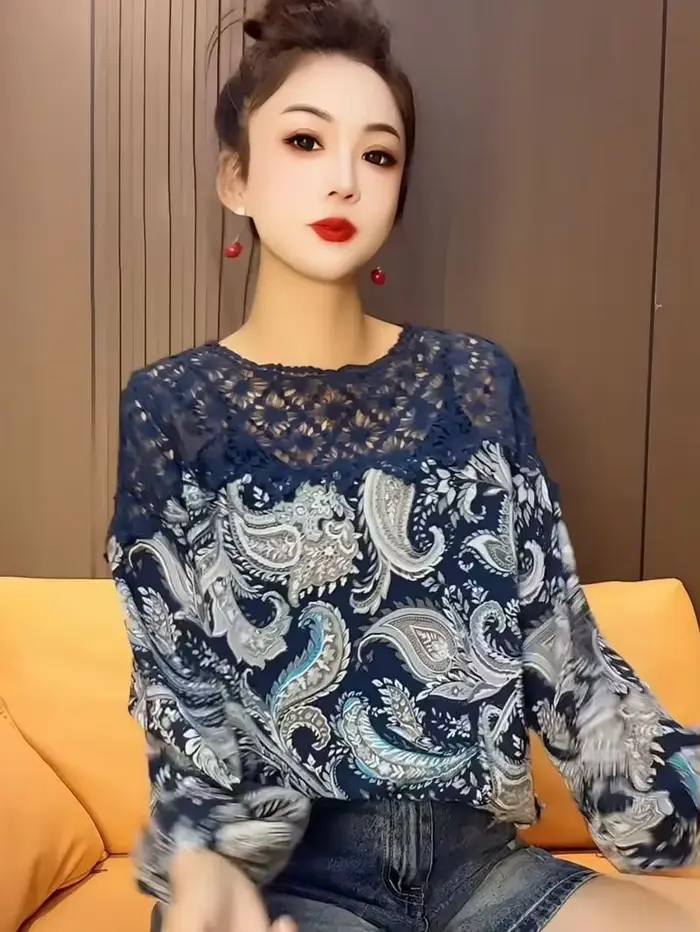 T-shirt à manches longues pour femmes, ample, Style ethnique Floral, épissure en dentelle, chemise f