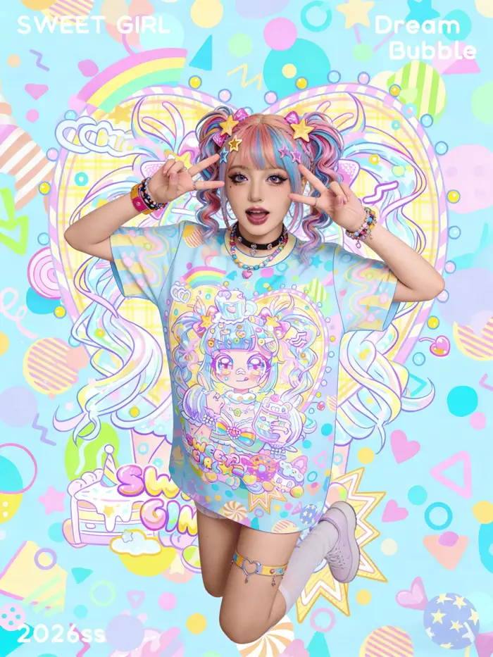 T-shirt imprimé intégral contrasté aux couleurs macaron