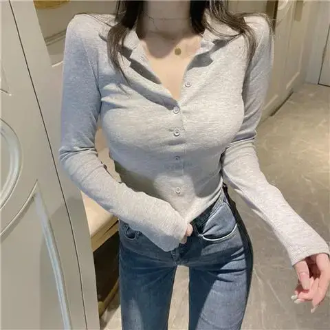 Polo uni pour femme avec bouton bleu, 100 coton Belgi, t-shirt femme printemps automne, t-shirts vêt