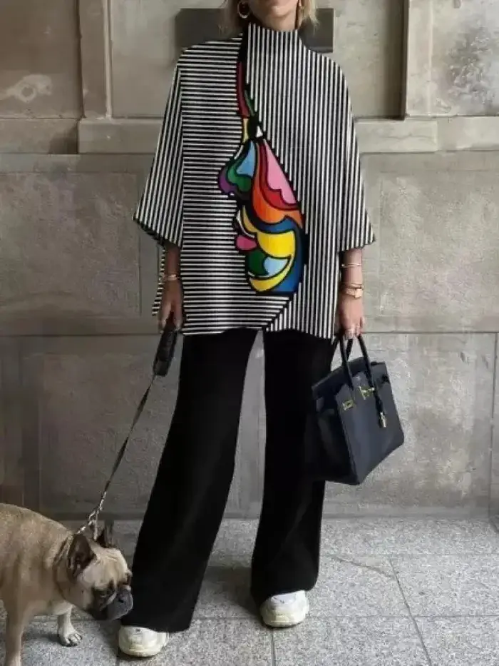 Yeezzi femme mode rayé Figure imprimé col montant T-Shirts 2025 nouveau printemps été ample trois-quarts manches hauts décontractés