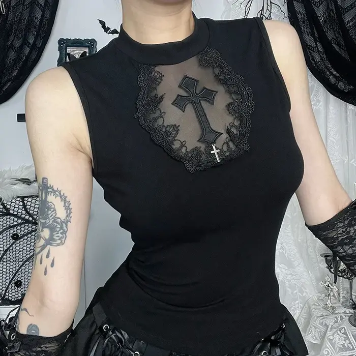 Goth foncé été réservoirs haut solide basique Techwear hauts femmes centre commercial gothique maille Patchwork croix gilet sans manches T-shirt Alt vêtements