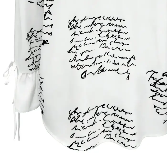 Chemise boutonnée blanche à imprimé script pour femme - Blouse décontractée à manches longues avec poignets à nouer pour le bureau et le style urbain