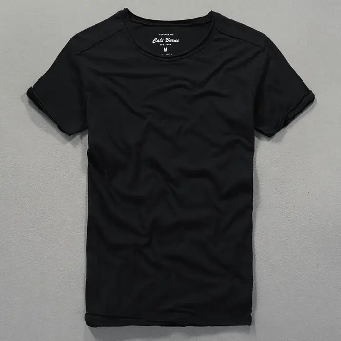 T-shirt col rond pour hommes en coton flammé en détresse mode d'été mince décontracté couleur unie col effiloché et