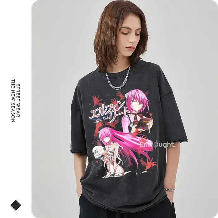 Anime Elfen Lied T-shirt Vintage lavé Y2K Manga motif haut t-shirts surdimensionné à manches courtes DTG impression