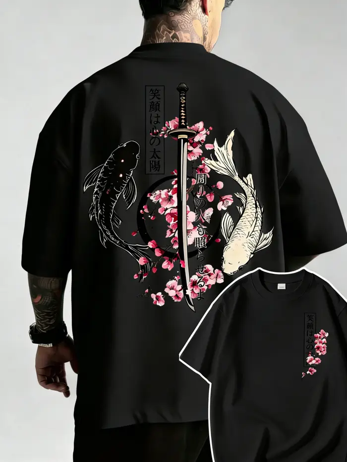 T-Shirt d'été en coton pour hommes, motif poisson Koi et épée de samouraï japonais Yin Yang, à manch