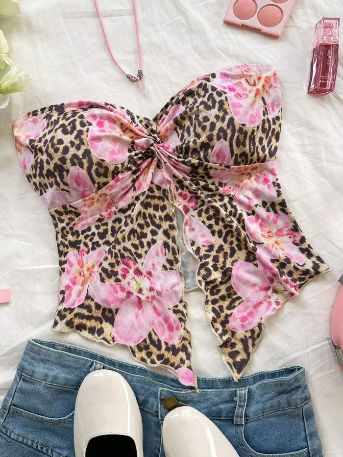 Top court, débardeur de fête pour femme avec motif floral rouge