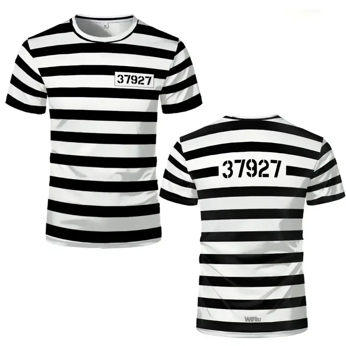 Nouveau T-shirt rayé Prisonnier 2026 Noir et Blanc Thème Prison Amusant et Original Manches Courtes Costumes de Fête Cosplay Homme et Femme
