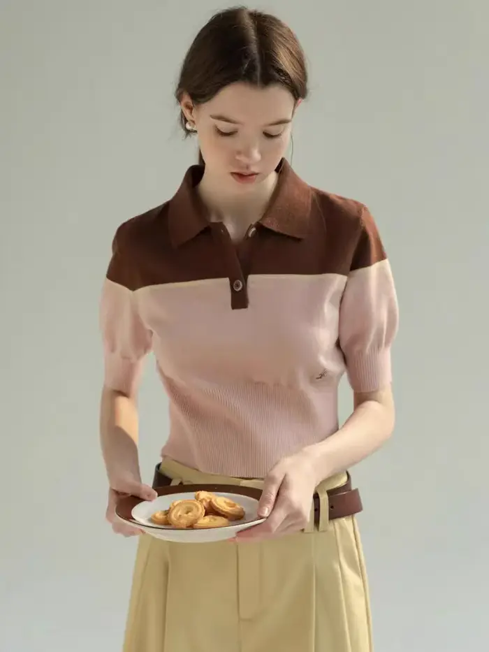 T-Shirt tricoté à col Polo contrasté français pour femmes