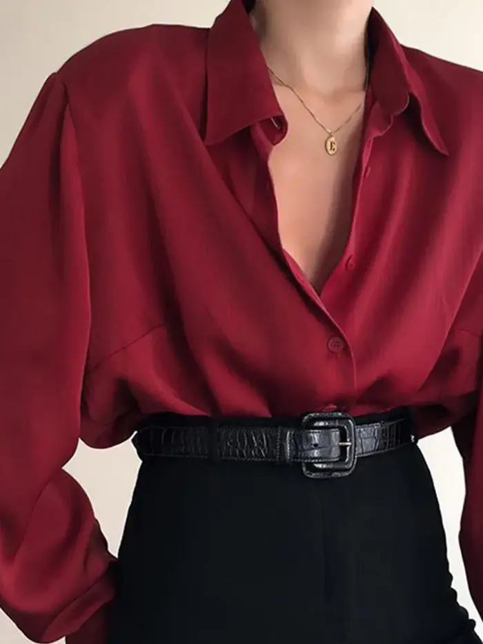 Femmes bouton Blouses col rabattu chemises bureau dame à manches longues Blouse décontractée ample OL chemise Baggy hauts rouge/vin rouge/noir