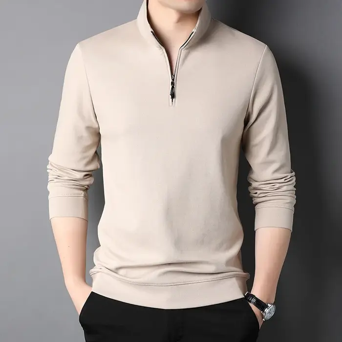 Polo à manches longues avec fermeture éclair pour hommes, vêtements décontractés, monochromatique, d
