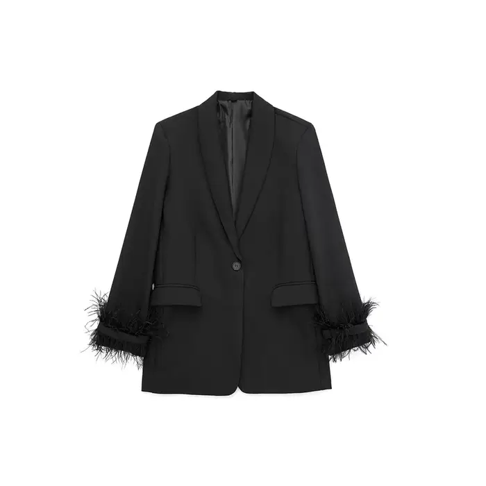 Willshela femmes mode Satin noir avec plume Blazer veste Vintage col cranté bouton unique manches longues tenues féminin