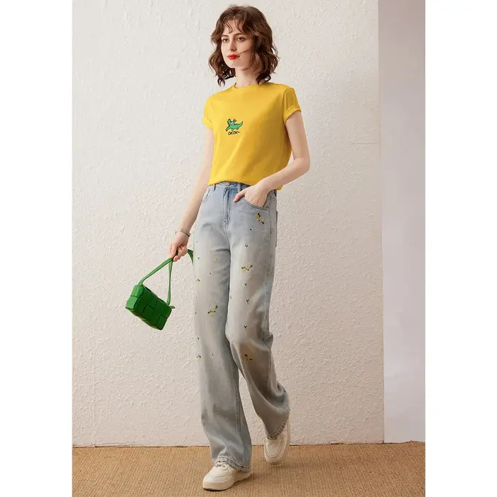 Modiis Yao-T-shirt brodé crocodile pour femme, col rond basique, pull à manches courtes, haut décontracté, t-shirt à la mode, été 2024