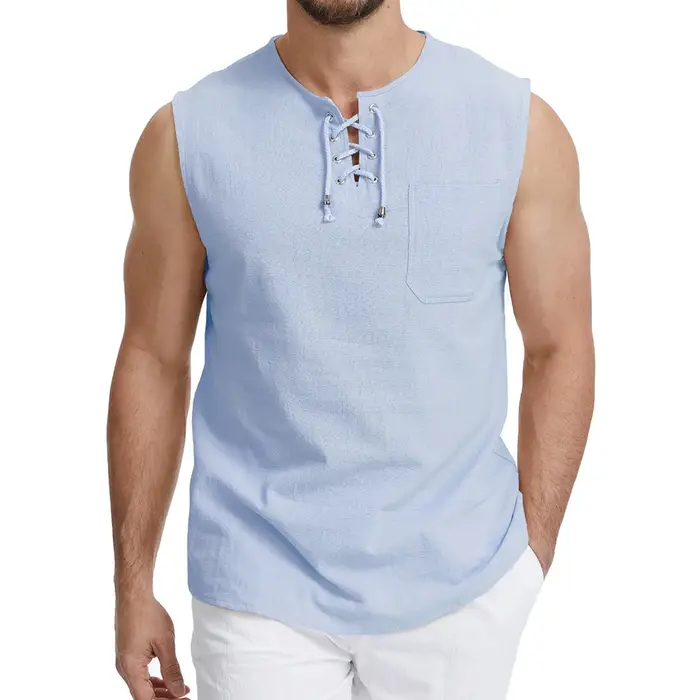 Débardeurs en coton et lin pour hommes, respirants, légers, confortables, sans manches, col en V, co